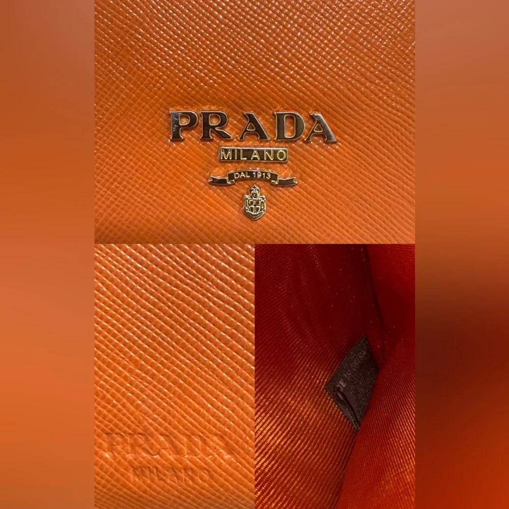 PRADA Saffiano Leather Bifold Wallet Orange Gold Logo Designer Authentic Compact - Picture 10 of 11